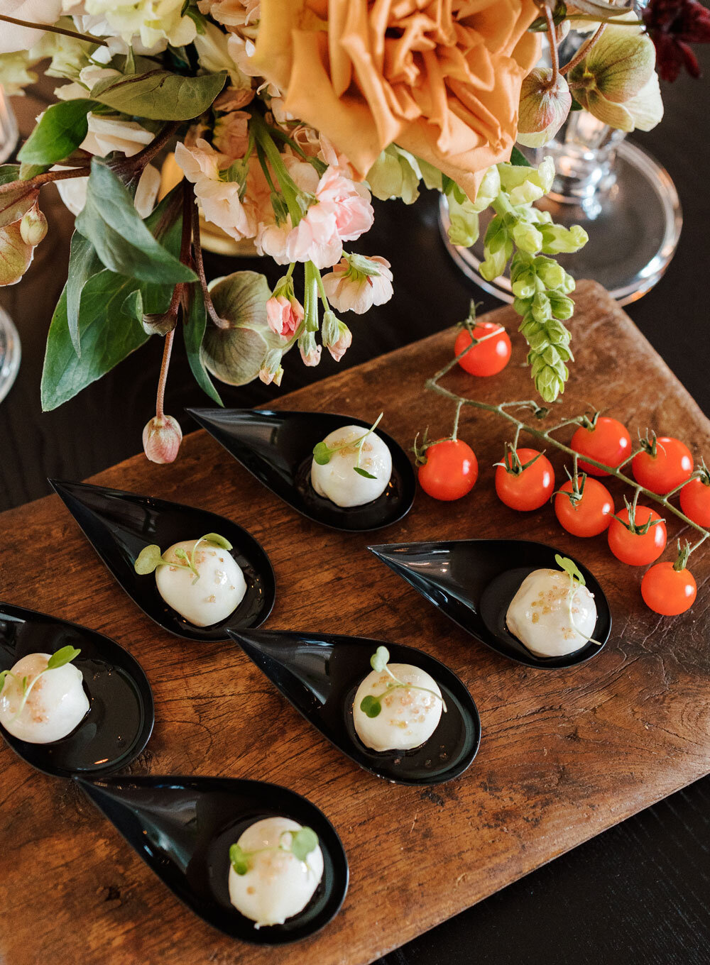 The Caprese Bomb: Stuffed mozzarella with tomato, basil, and balsamic - a premium passed appetizer by Joel Catering in New Orleans.