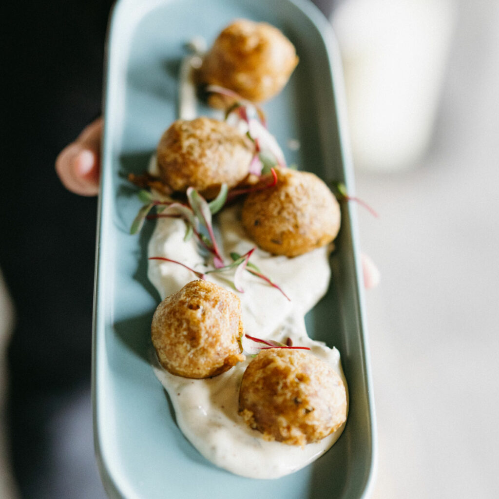 blue crab beignets served in garlic aioli served at a wedding receptions in New Orleans